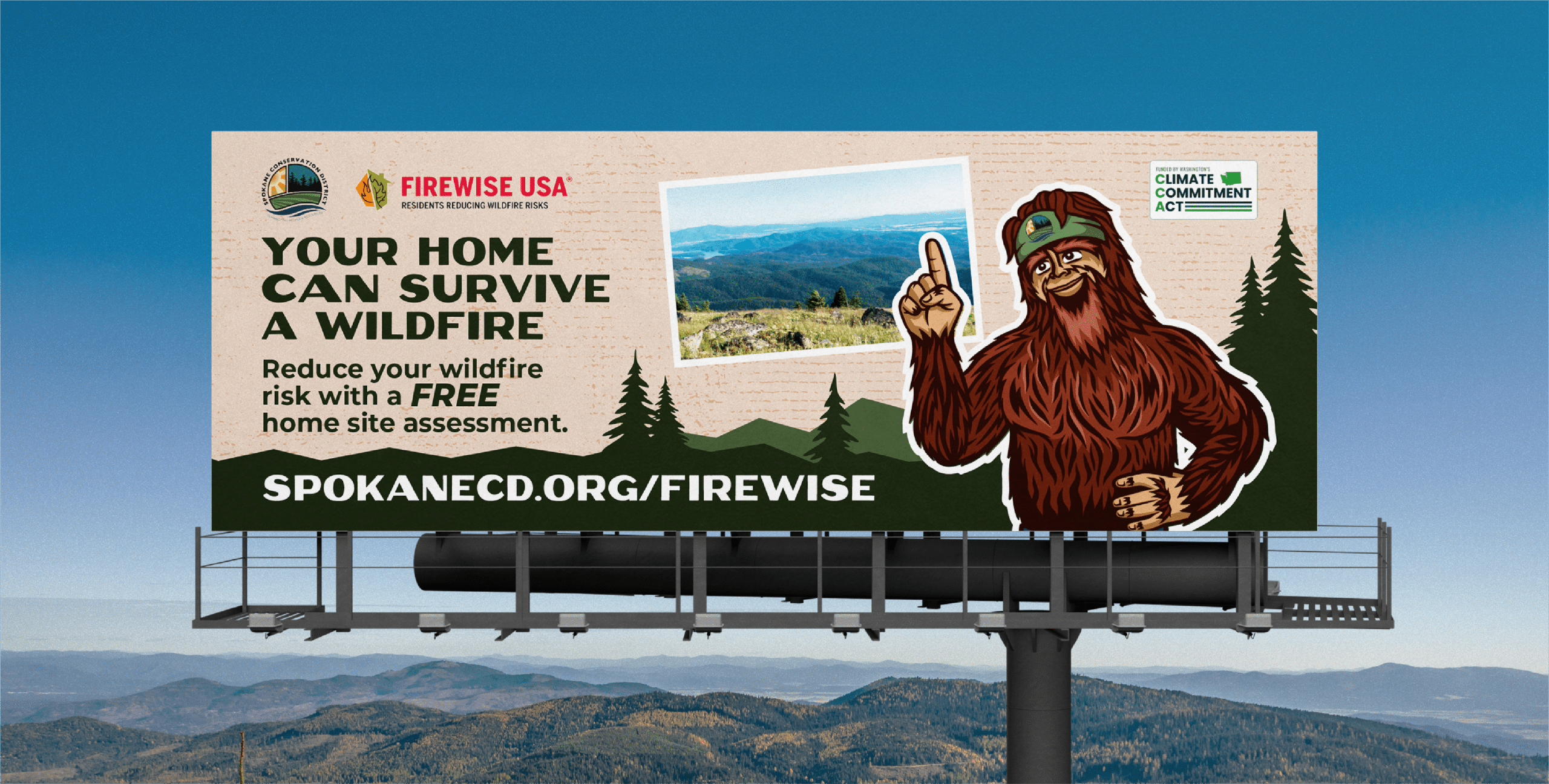 Cartoon Bigfoot points up