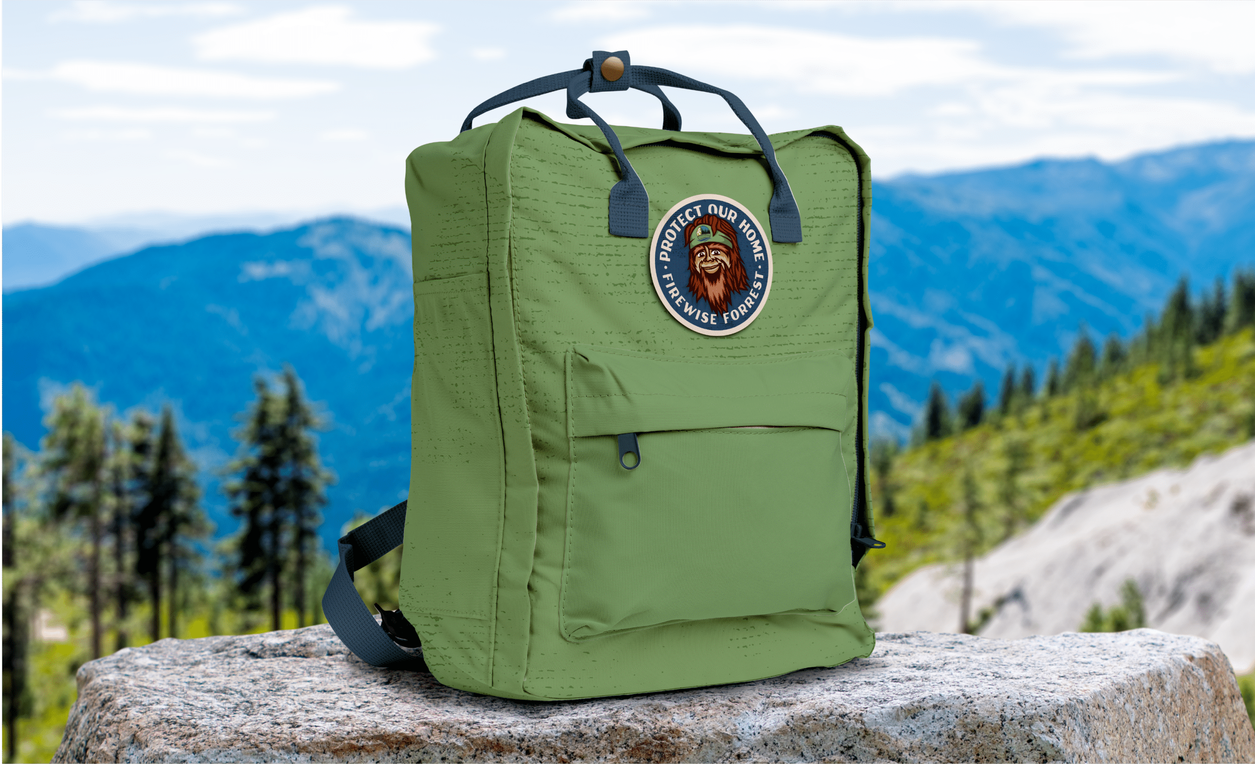 Green backpack with patch.