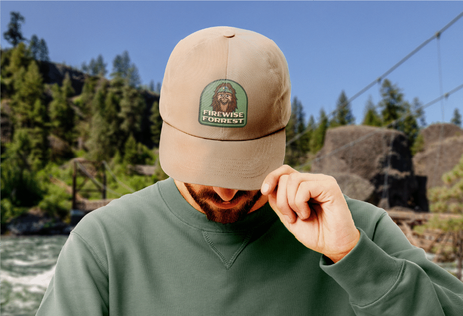 Person wearing 'Firewise' cap