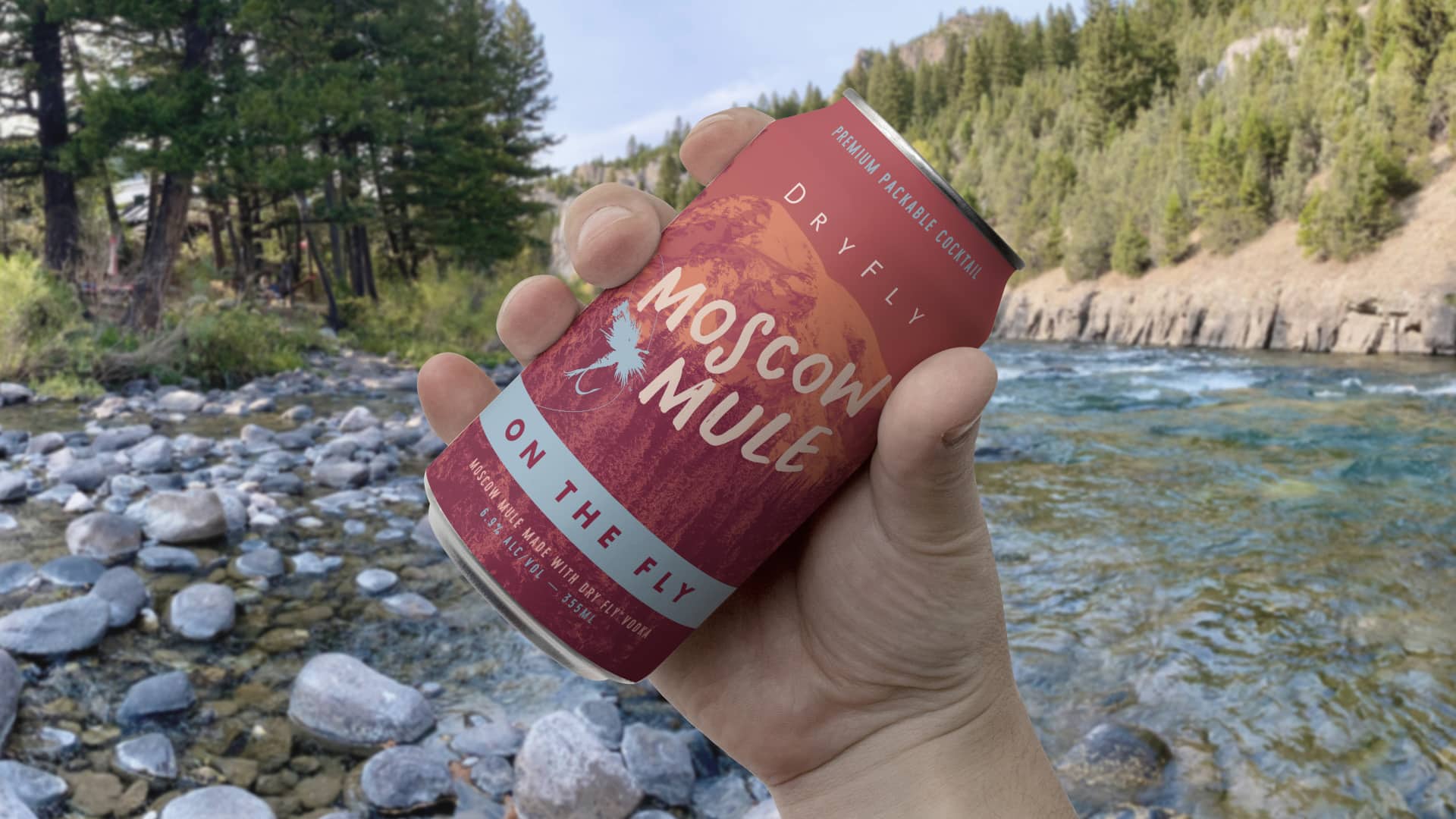 DryFly Canned Cocktails Moscow Mule river background can mockup